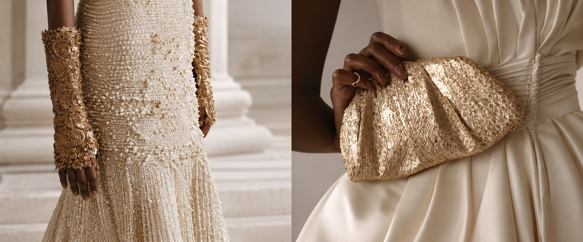 Ivory couture detail with pearl beading, sculptural gold cuffs and a sequined gold clutch