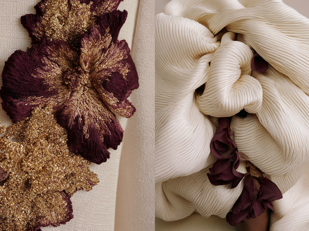 Couture material studies: plum embroidery with gold thread and folded ivory silk