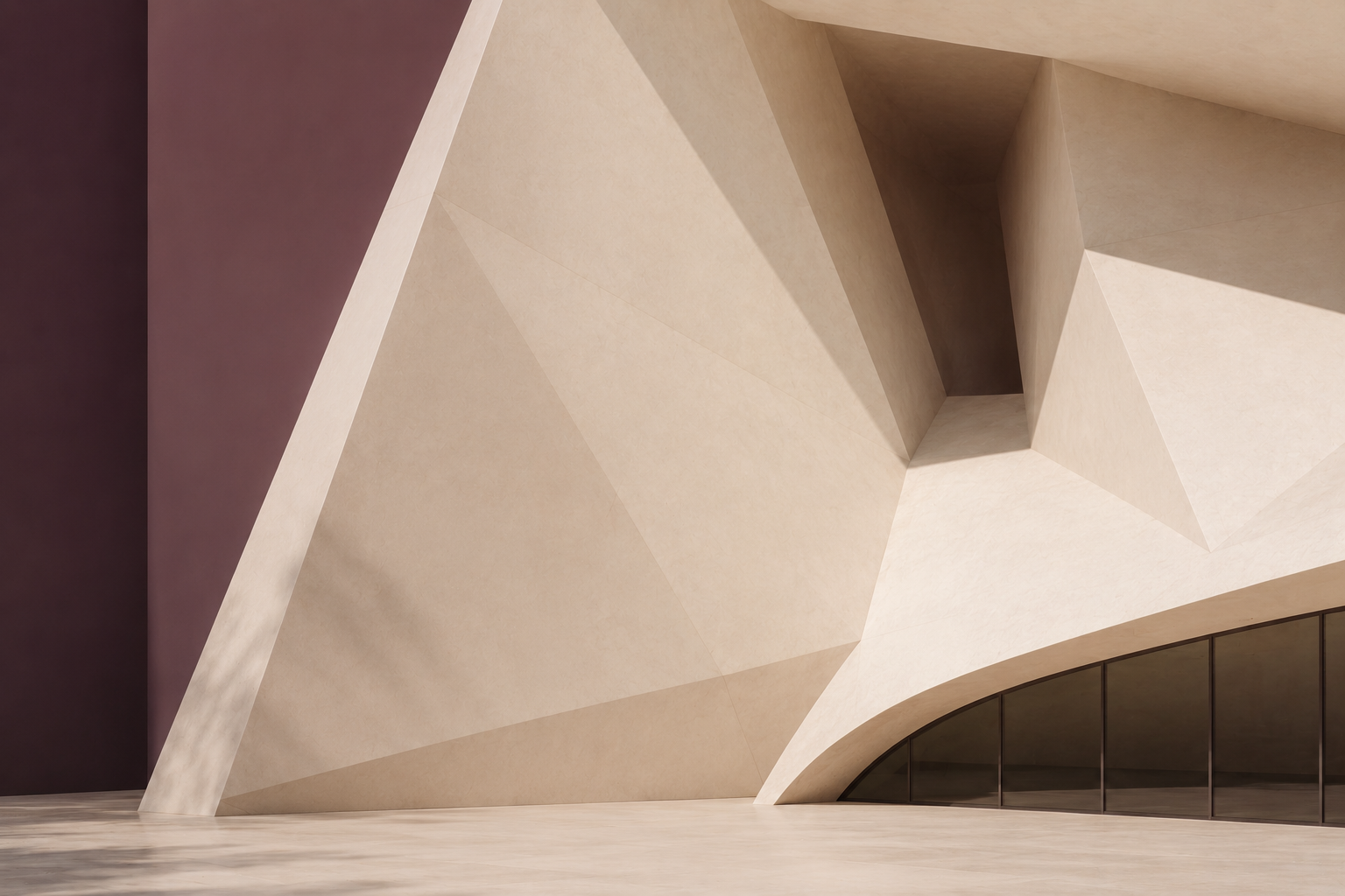 Plum and taupe architectural interior with sculptural forms