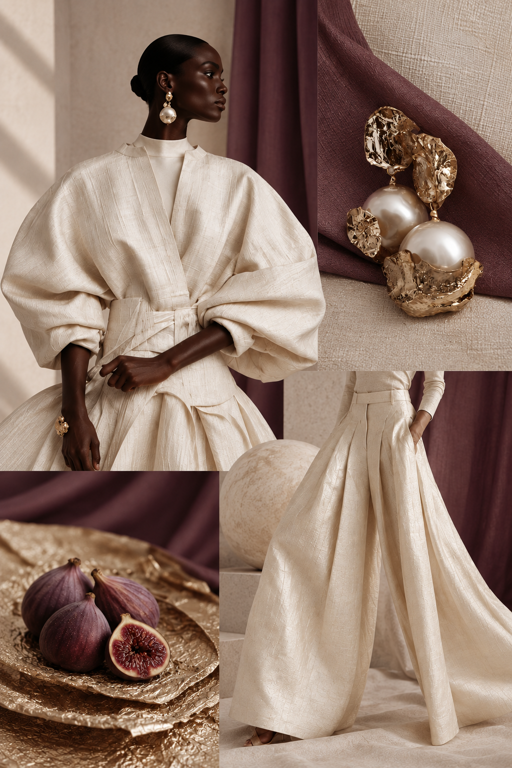 Couture editorial collage: ivory tailored silhouettes, plum drapery, gold and pearl jewellery, and figs on a gilded plate