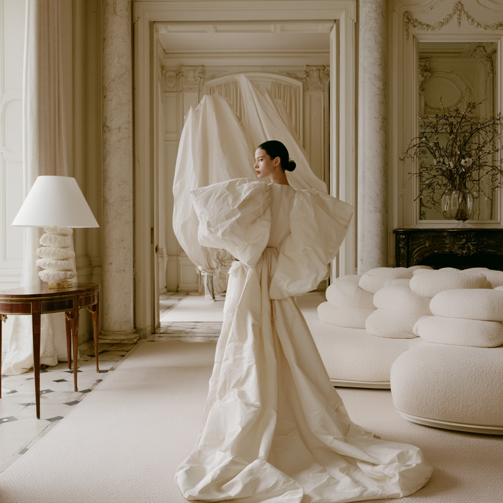 Editorial couture portrait in plum and ivory