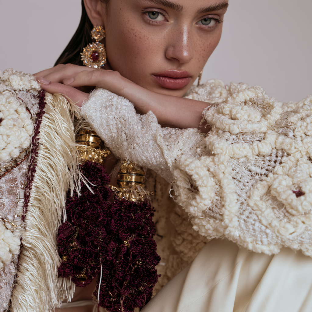 Ivory couture detail: hand-worked texture, pearl and gold embellishment