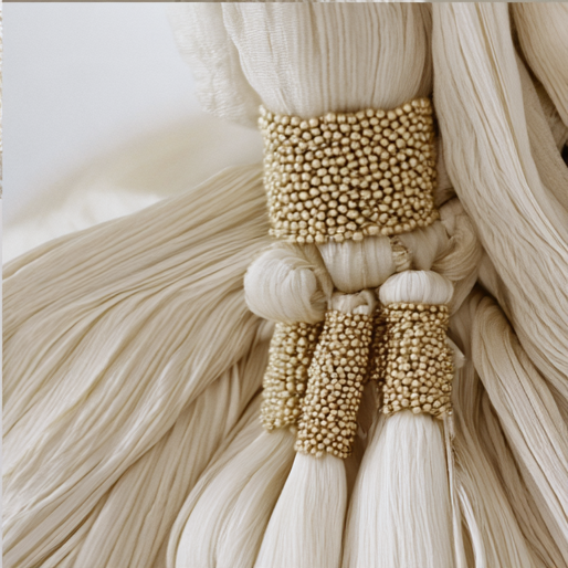 Ivory beaded tassel and cord detail in gold