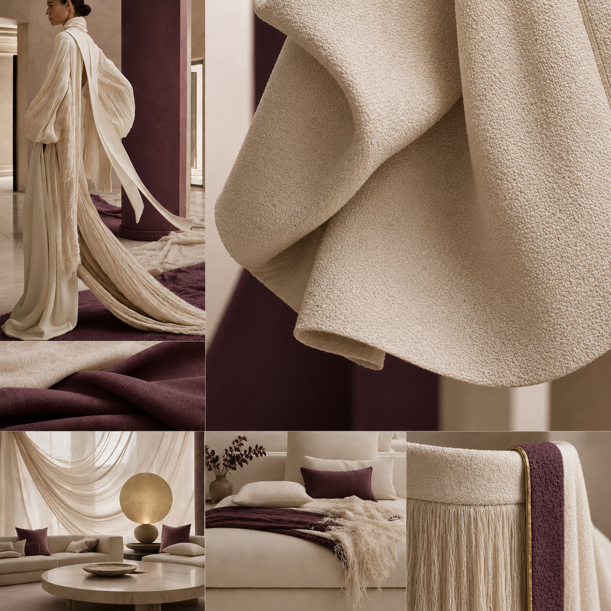 Editorial composition of ivory couture, textured cream fabrics and deep plum interiors