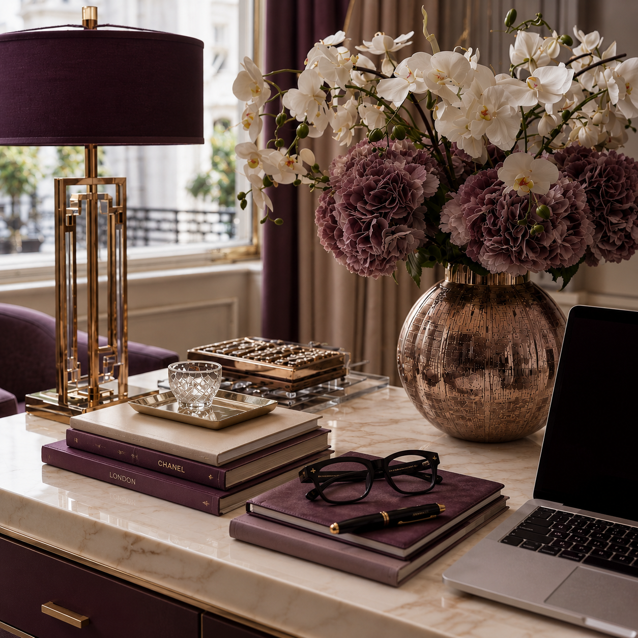 Plum and gold executive desk with white orchids, brass lamp and a laptop in soft daylight