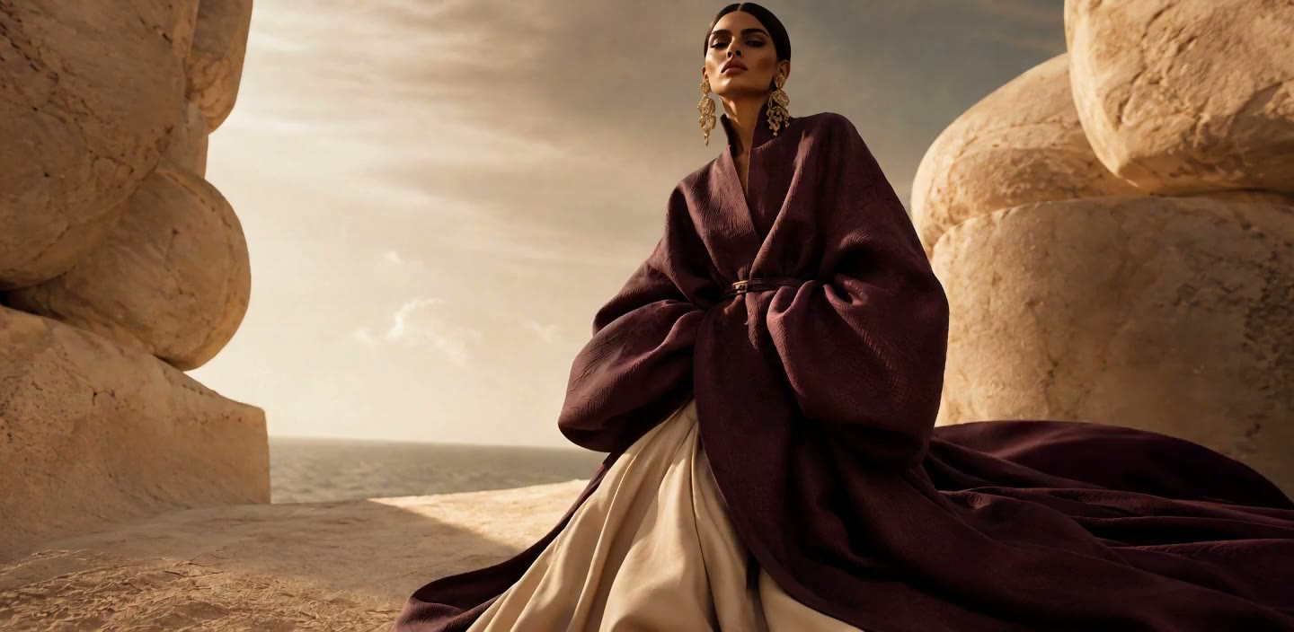 Editorial fashion portrait in a deep plum couture cloak among sunlit stone forms